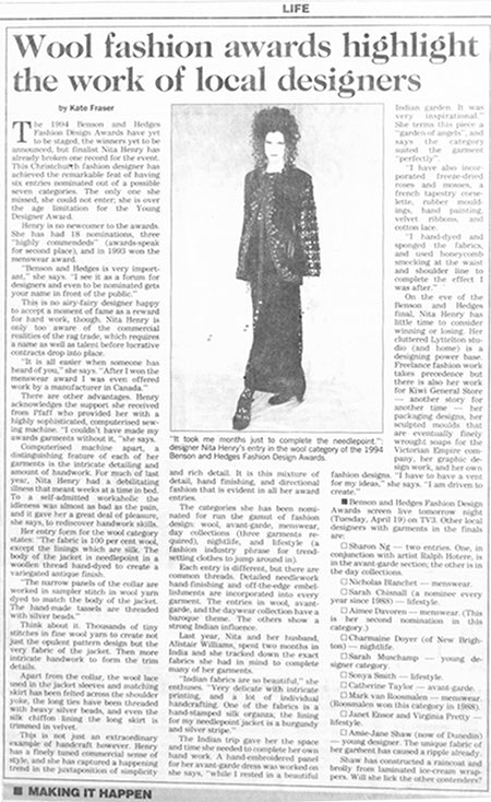 1994 wool award Benson & Hedges Awards Story Nita Henry