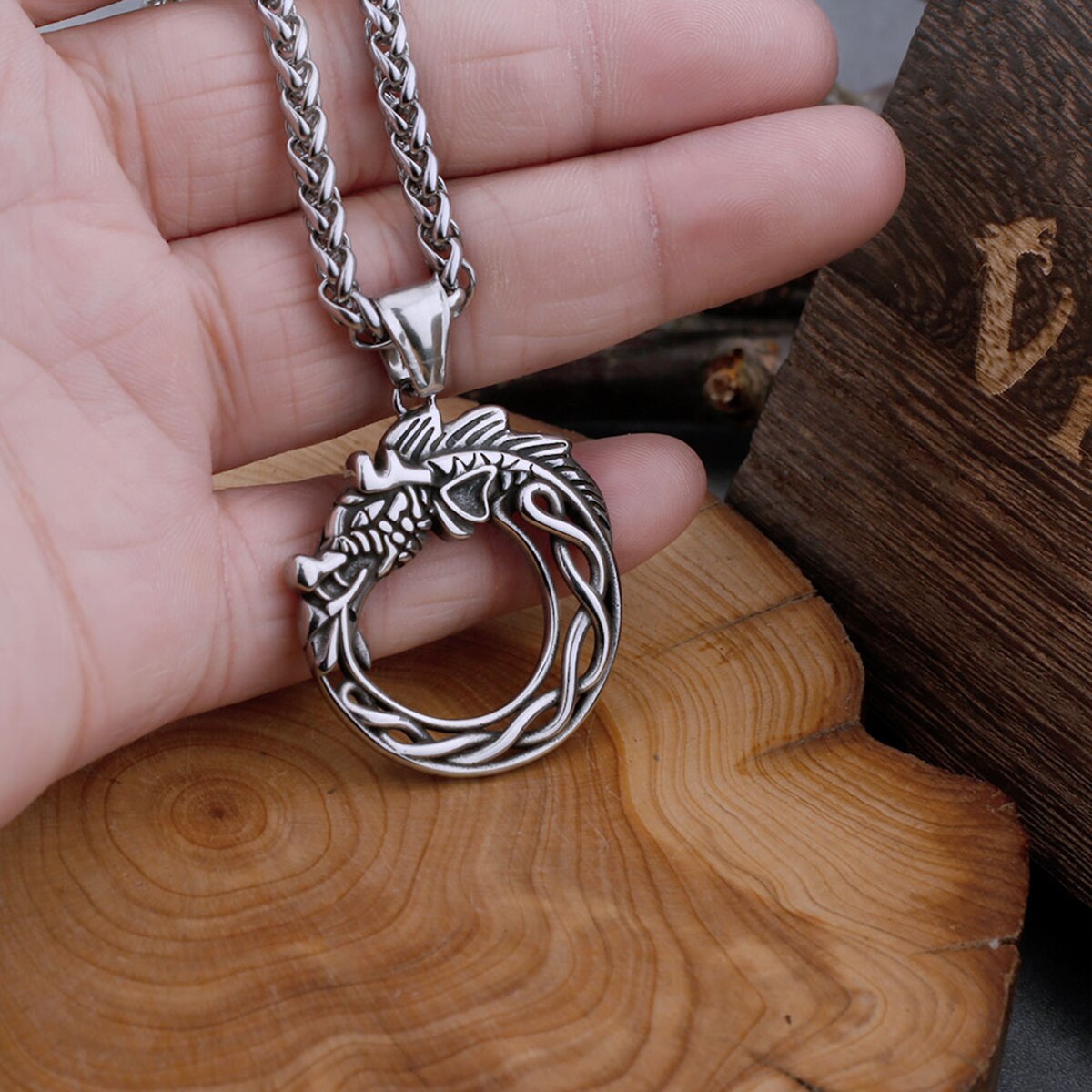 Viking dragon circle pendant