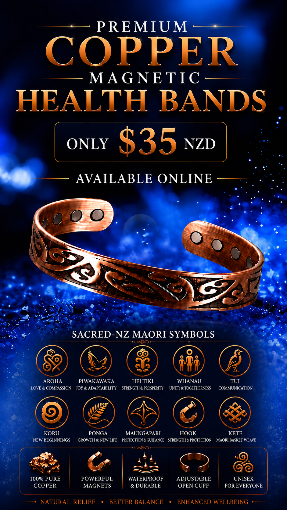 A8 100% Pure copper magnetic band ‘Aroha Love’