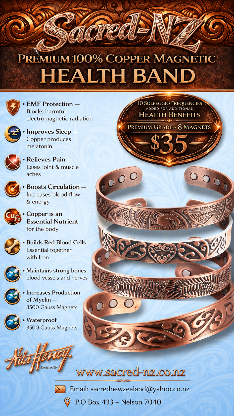 A8 100% Pure copper magnetic band ‘Aroha Love’