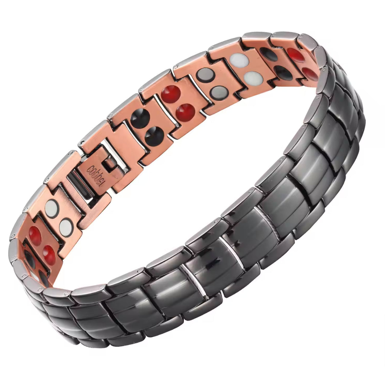 CB049 Blk Ceramic 100% Solid Pure Copper Magnetic Bracelet Linked 5 Elements 215x15mm