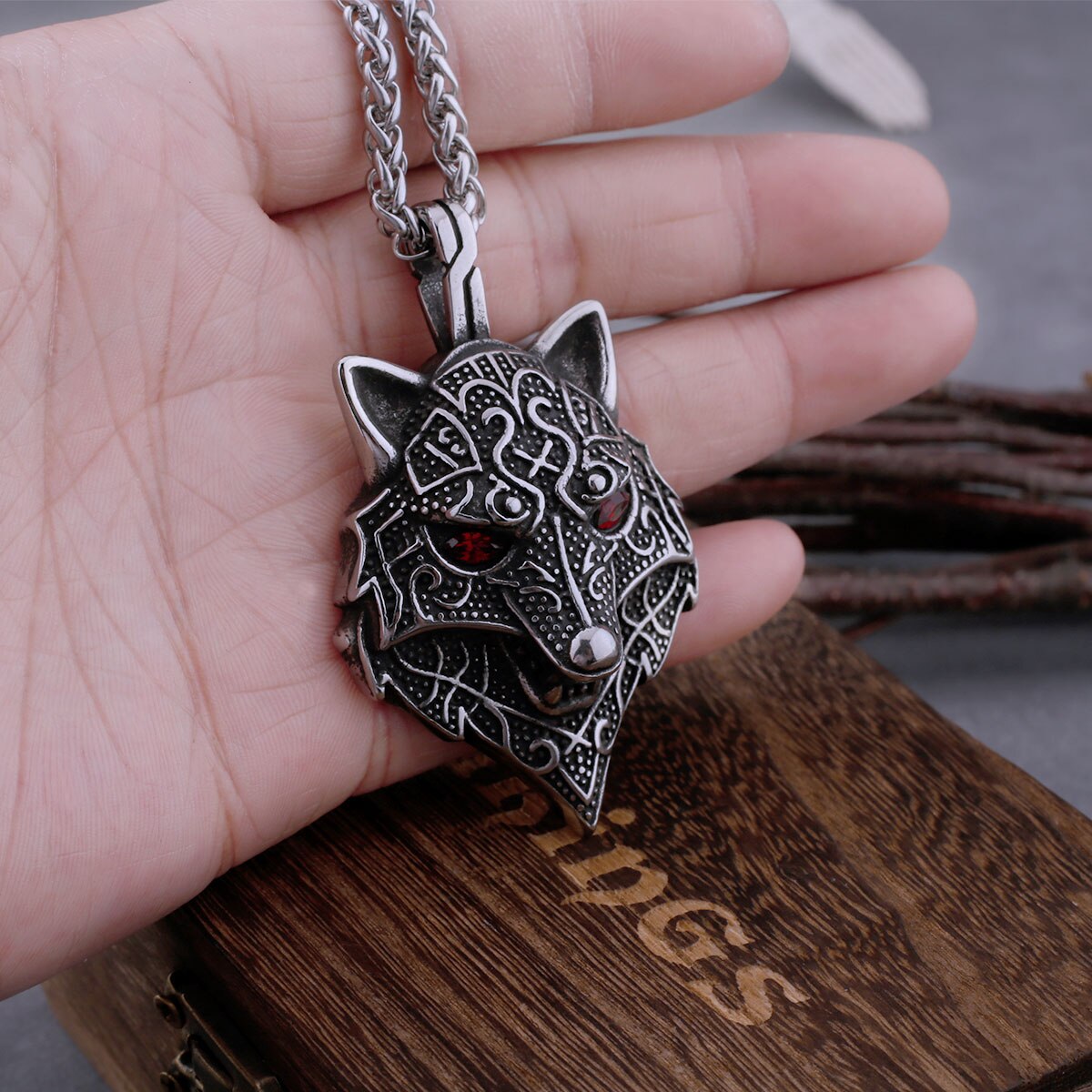 viking red wolf pendant