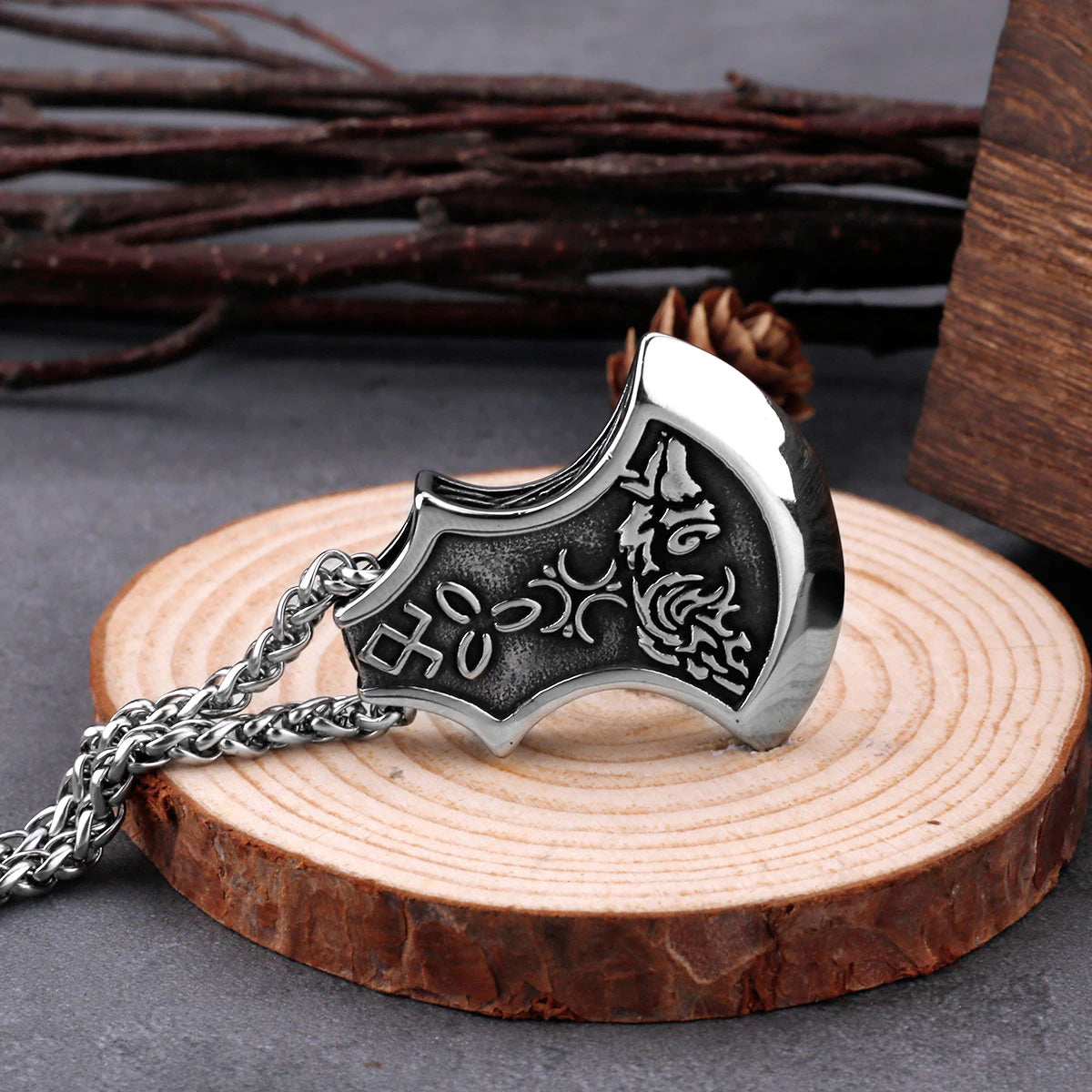 viking wolf axe pendant