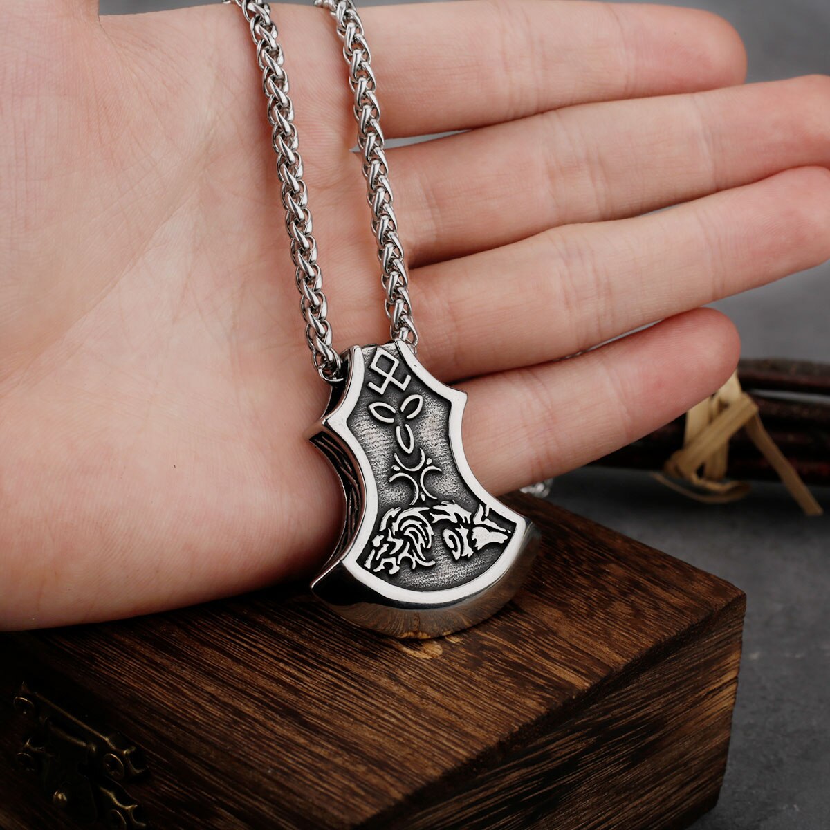viking wolf axe pendant