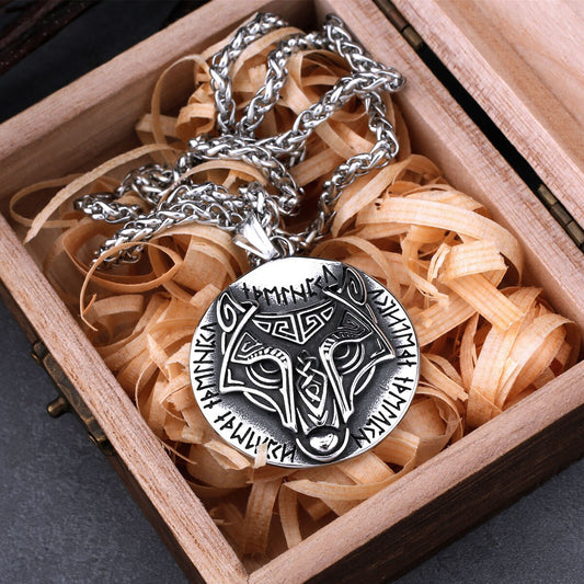 viking wolf runes pendant