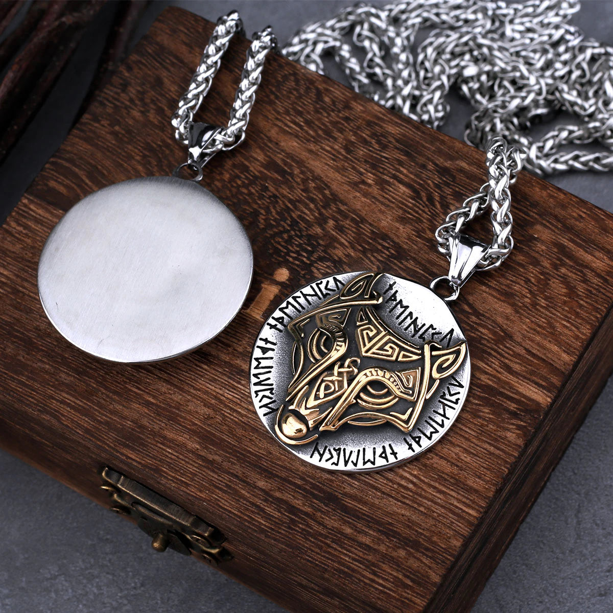 viking wolf runes pendant