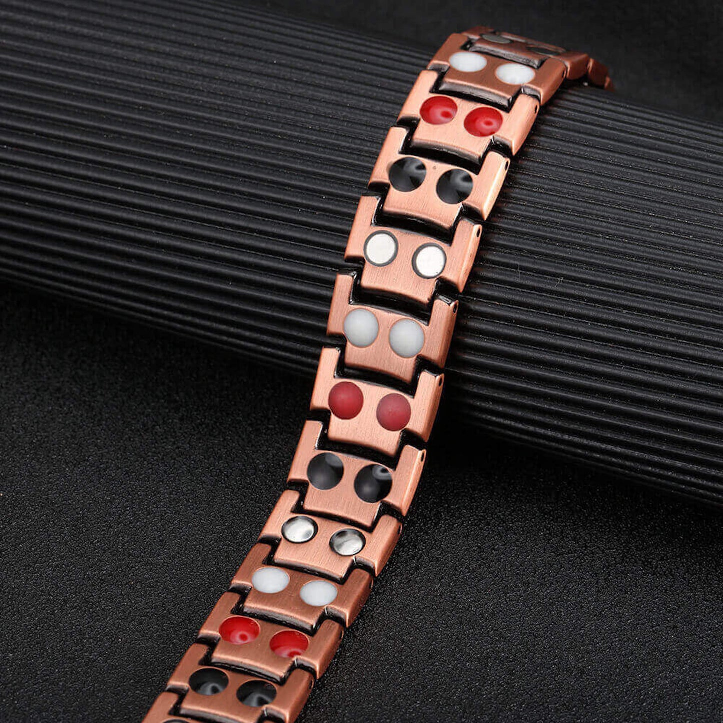 CB049 Blk Ceramic 100% Solid Pure Copper Magnetic Bracelet Linked 5 Elements 215x15mm