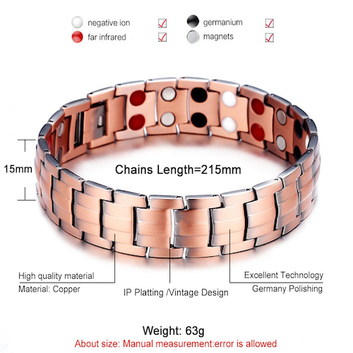 CB049 Blk Ceramic 100% Solid Pure Copper Magnetic Bracelet Linked 5 Elements 215x15mm