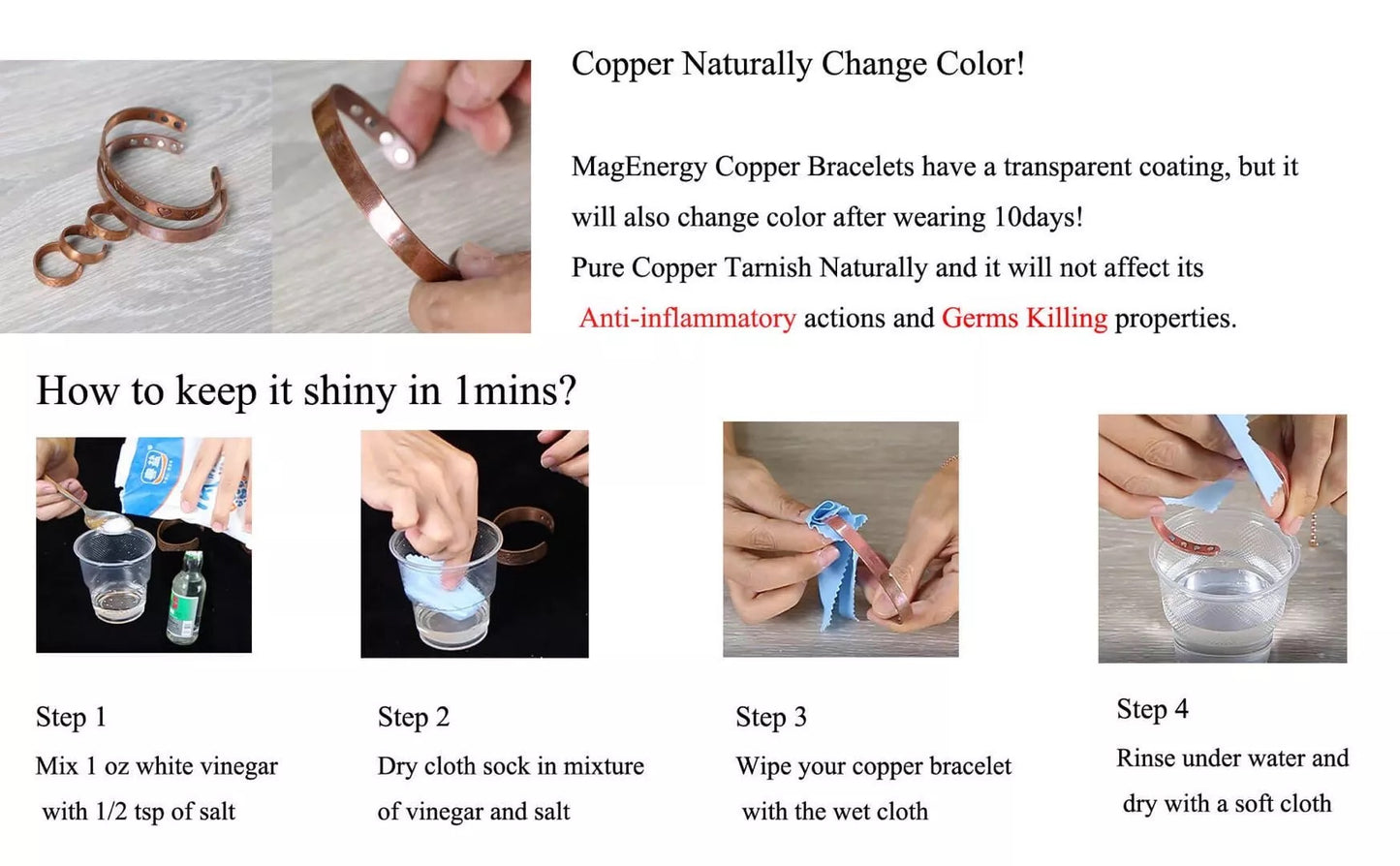 CLM3006 100% Solid Pure Copper Magnetic Bracelet Linked 5 Elements