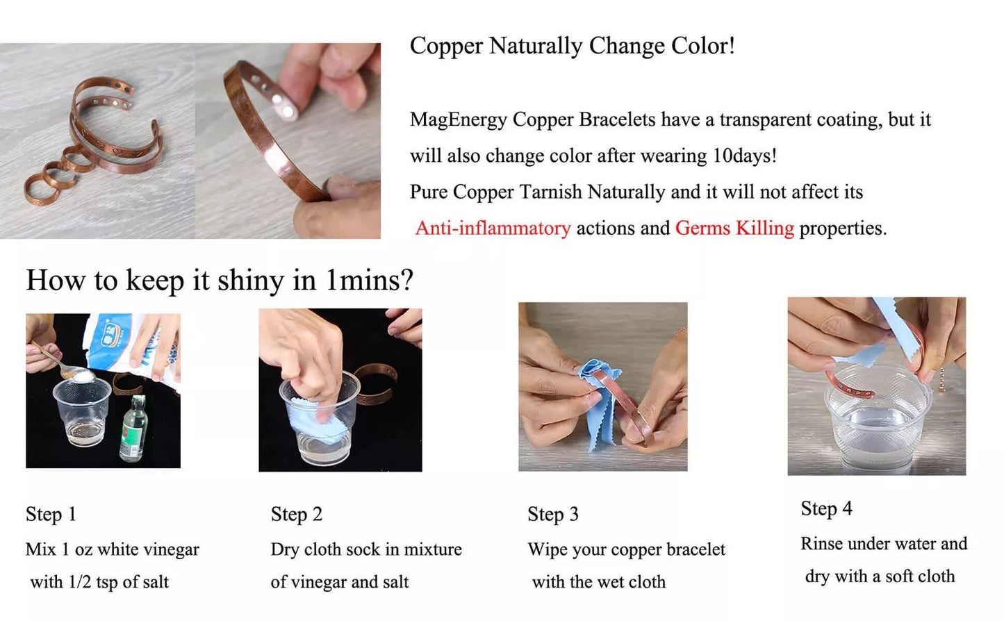 CB595 100% Pure Copper Linked 5 Elements Magnetic Bracelet 210 x150mm